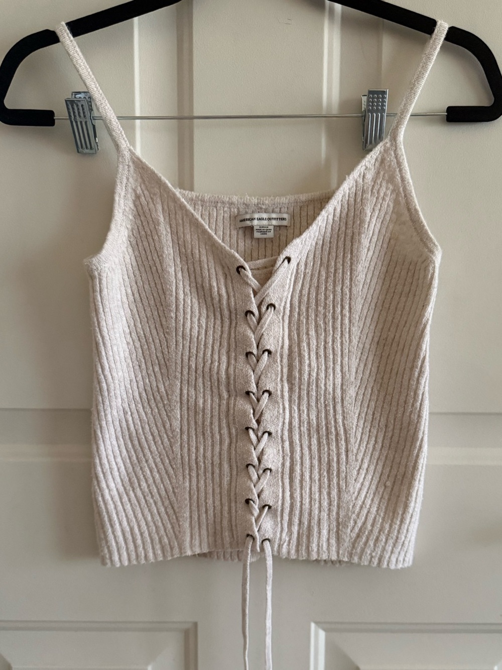 American Eagle Outfitters Cream Ribbed Lace-Up Knit Cami